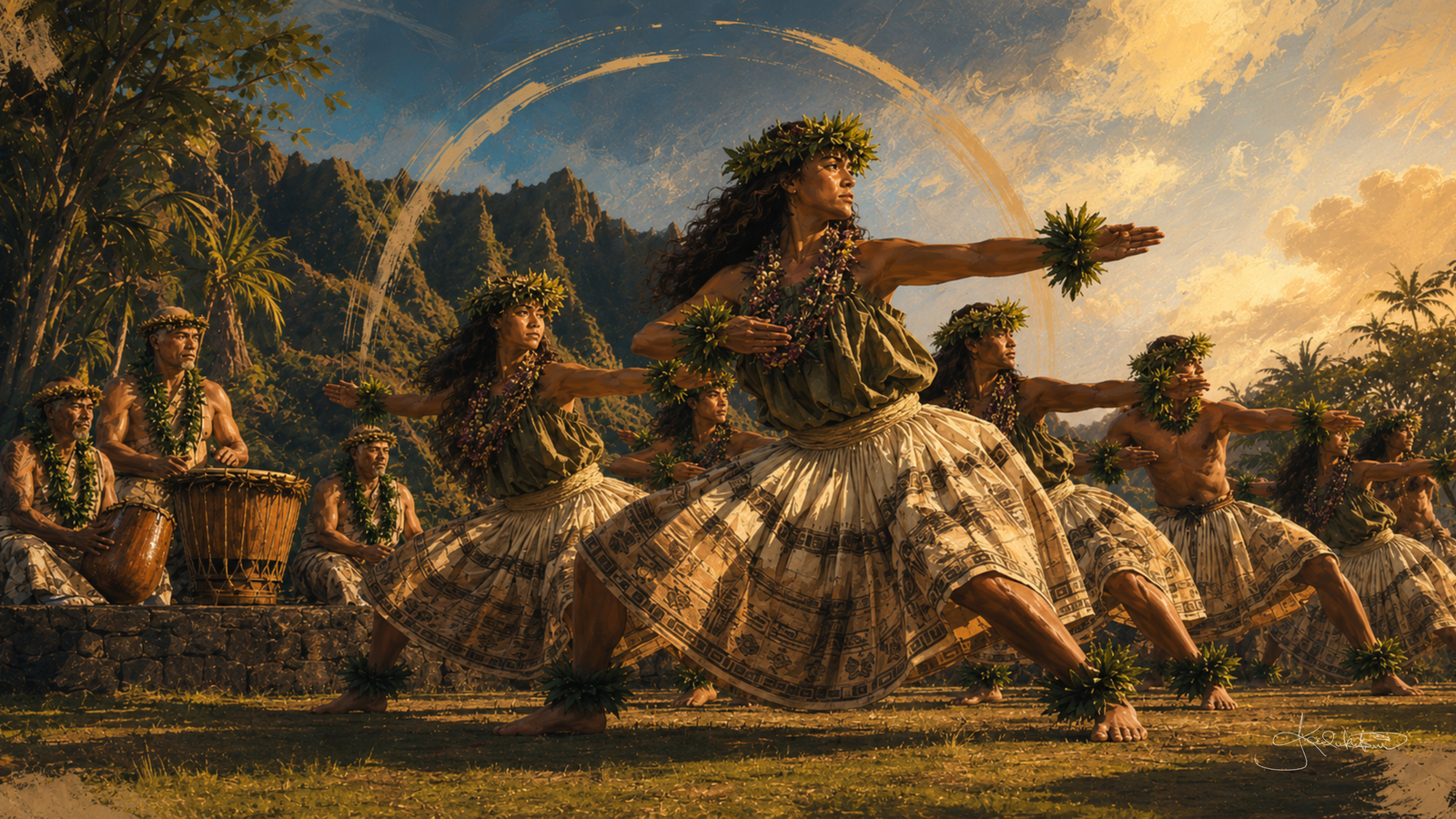 Hula kahiko danced on the grass at sunset, a line of dancers in ti-leaf skirts and haku lei caught mid-step with the drummers seated behind them and green cliffs beyond. Dreamy Hawaiian Culture 4K desktop wallpaper by Dreams On Kanvas