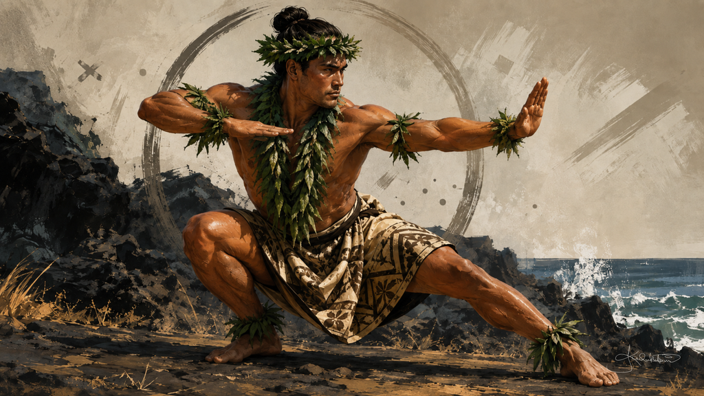 A hula kahiko dancer low in a wide stance on black lava rock, ti-leaf lei at his neck and kupeʻe at his wrists and ankles, arms held straight out with the surf breaking behind him. Dreamy Hawaiian Culture 4K desktop wallpaper by Dreams On Kanvas