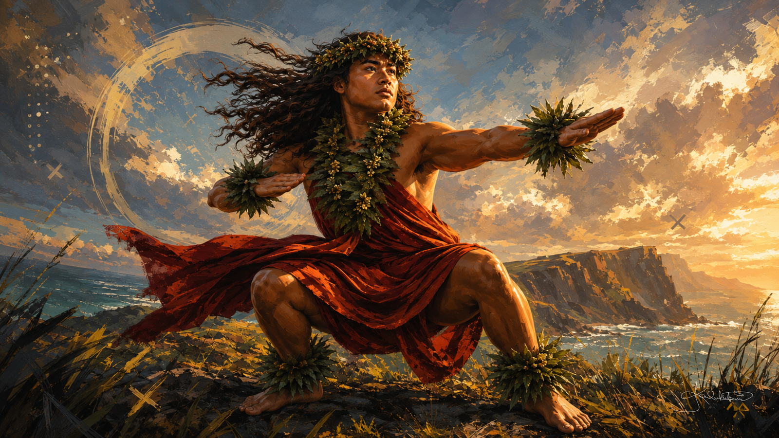 A hula kahiko dancer on a headland at sunset, long hair and a red kapa malo flying as he drops into a lunge with the sea cliff and open water behind. Dreamy Hawaiian Culture 4K desktop wallpaper by Dreams On Kanvas