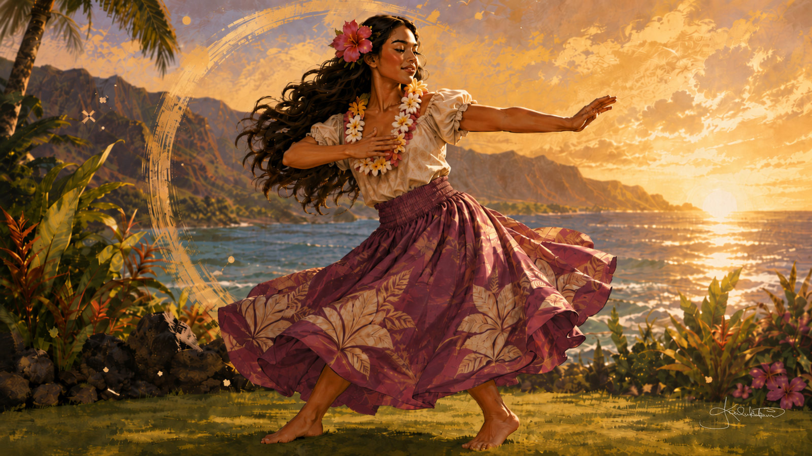 Hula ʻauana on the grass above the shore, a dancer in a rose-pink skirt and white blouse turning barefoot with flowers in her hair as the sun goes down over the water. Dreamy Hawaiian Culture 4K desktop wallpaper by Dreams On Kanvas
