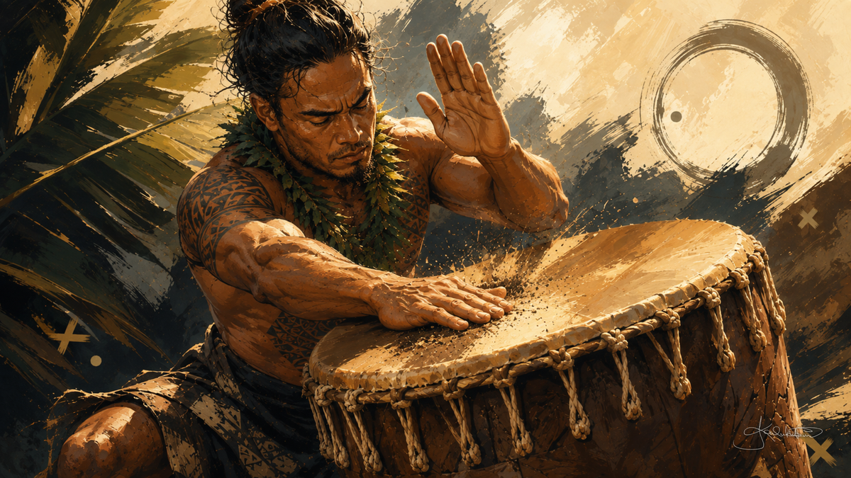 A drummer leaning into a pahu, one hand striking the sharkskin head and the other lifted off it, palm fronds and warm light behind him. Dreamy Hawaiian Culture 4K desktop wallpaper by Dreams On Kanvas