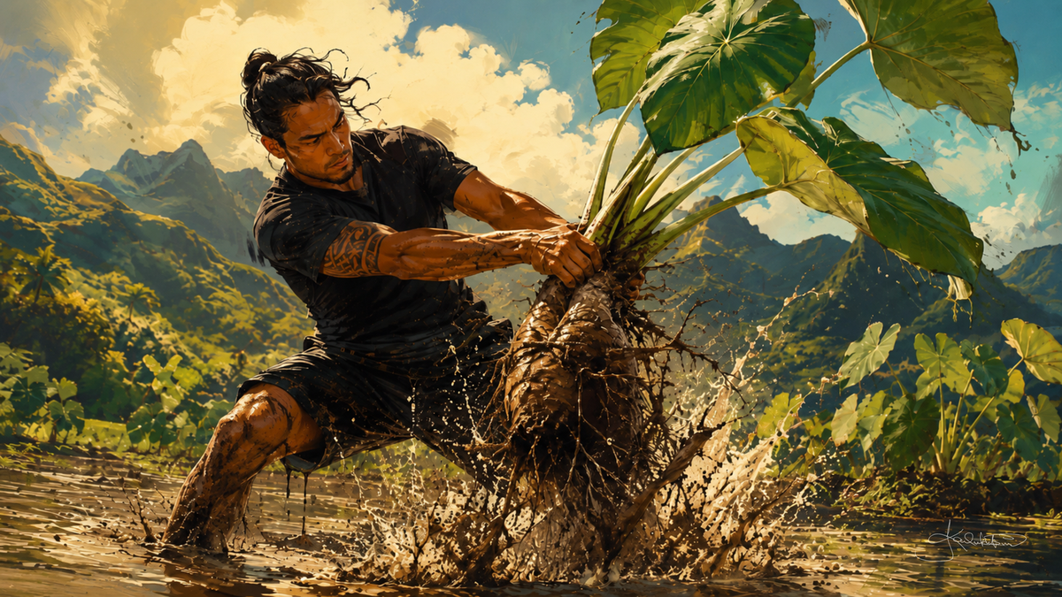 A farmer pulling a mature kalo plant up by the roots, the big green leaves above him and the wet ground and green mountains behind. Dreamy Hawaiian Culture 4K desktop wallpaper by Dreams On Kanvas
