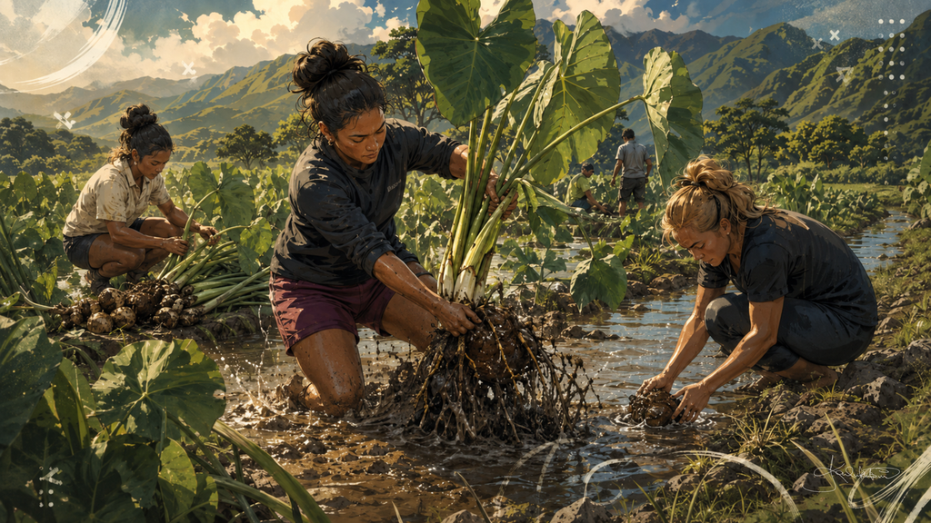 Three people working a flooded loʻi together, kneeling in the water to lift kalo out by the roots with the valley and cloud behind them. Dreamy Hawaiian Culture 4K desktop wallpaper by Dreams On Kanvas