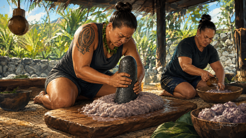 Kuʻi ʻai under a thatched roof, a woman kneeling at the papa kuʻi ʻai driving a stone pōhaku into cooked kalo while another works a bowl beside her. Dreamy Hawaiian Culture 4K desktop wallpaper by Dreams On Kanvas