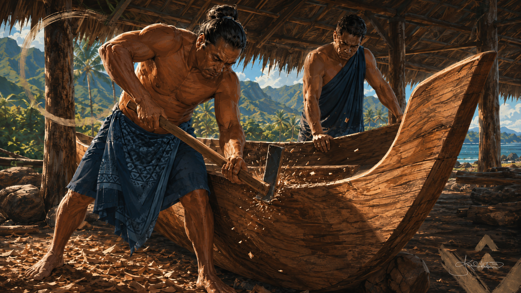 Two men shaping a waʻa hull under a thatched shelter, one swinging an adze into the hollowed log with chips flying and the mountains showing beyond. Dreamy Hawaiian Culture 4K desktop wallpaper by Dreams On Kanvas