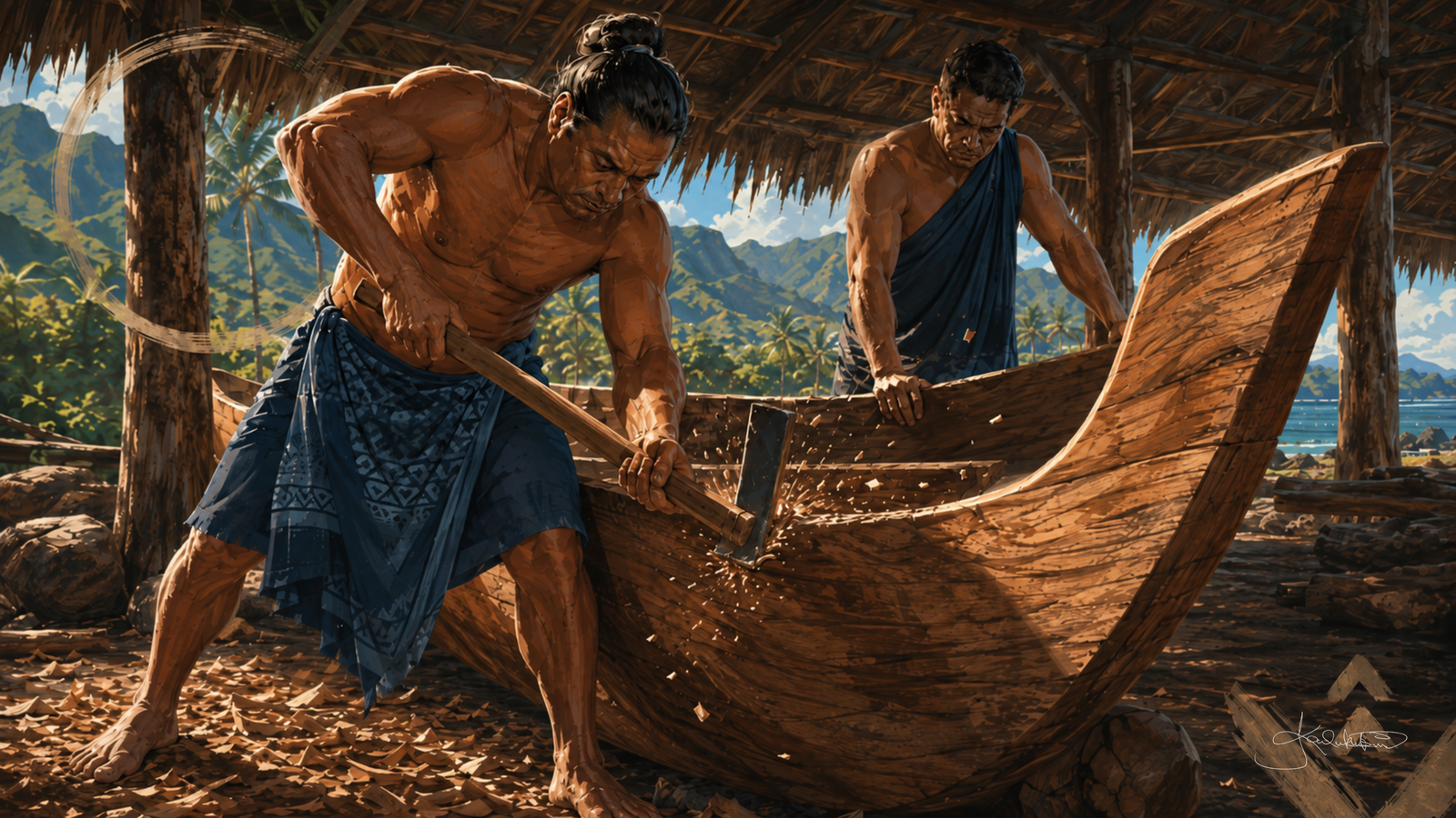 Two men shaping a waʻa hull under a thatched shelter, one swinging an adze into the hollowed log with chips flying and the mountains showing beyond. Dreamy Hawaiian Culture 4K desktop wallpaper by Dreams On Kanvas