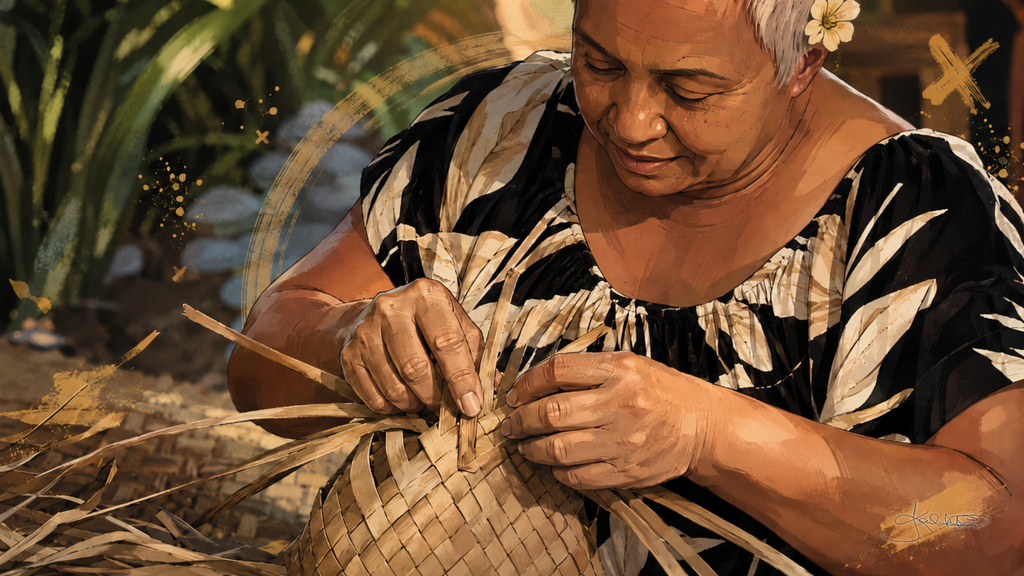 Close on an older woman's hands weaving lauhala, the pale strips crossing into a basket with a white flower tucked behind her ear. Dreamy Hawaiian Culture 4K desktop wallpaper by Dreams On Kanvas