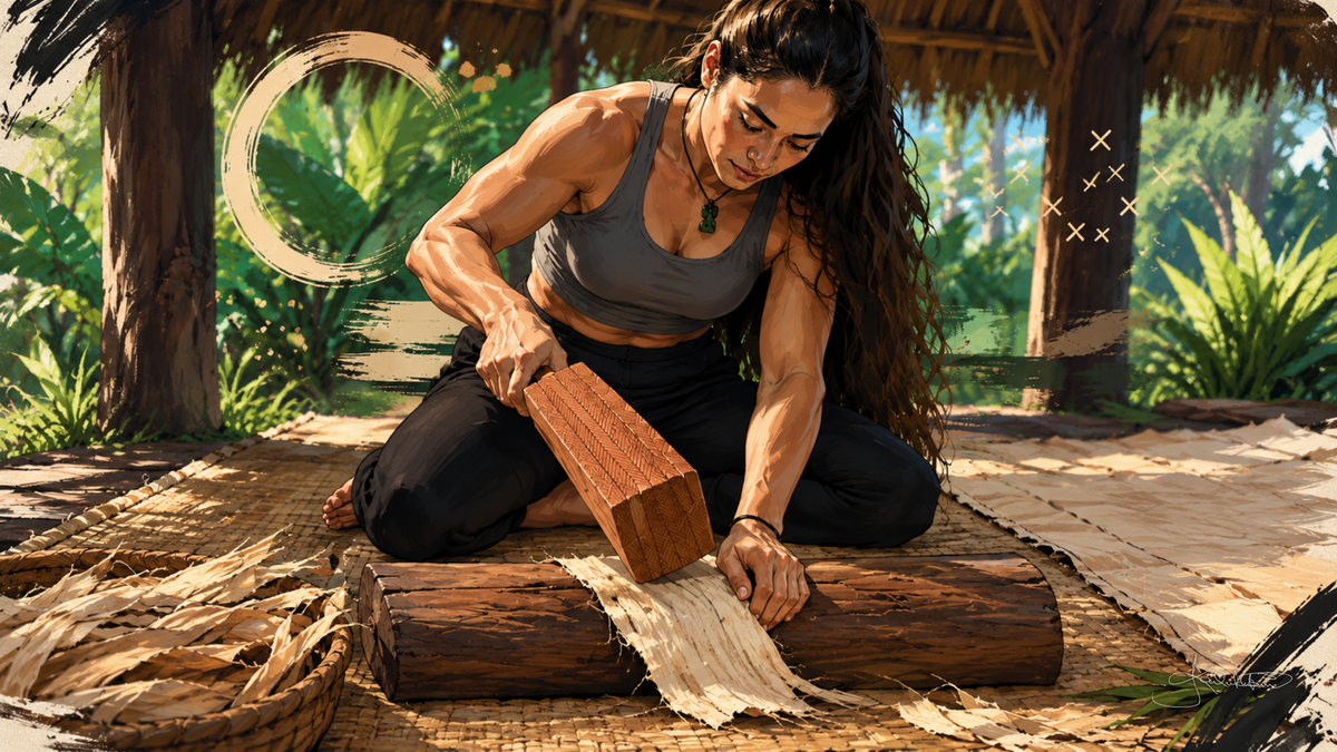 A woman kneeling on a lauhala mat beating prepared wauke bark into kapa with a wooden beater on a log anvil, the garden open behind her. Dreamy Hawaiian Culture 4K desktop wallpaper by Dreams On Kanvas