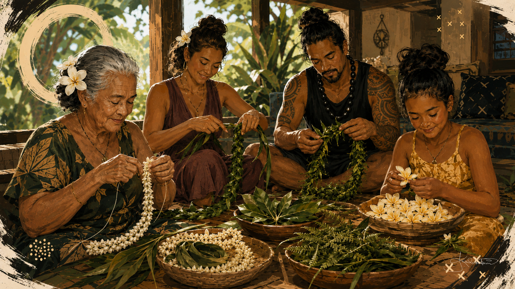 Four generations seated together making lei, stringing white flowers and green maile from the baskets in front of them. Dreamy Hawaiian Culture 4K desktop wallpaper by Dreams On Kanvas