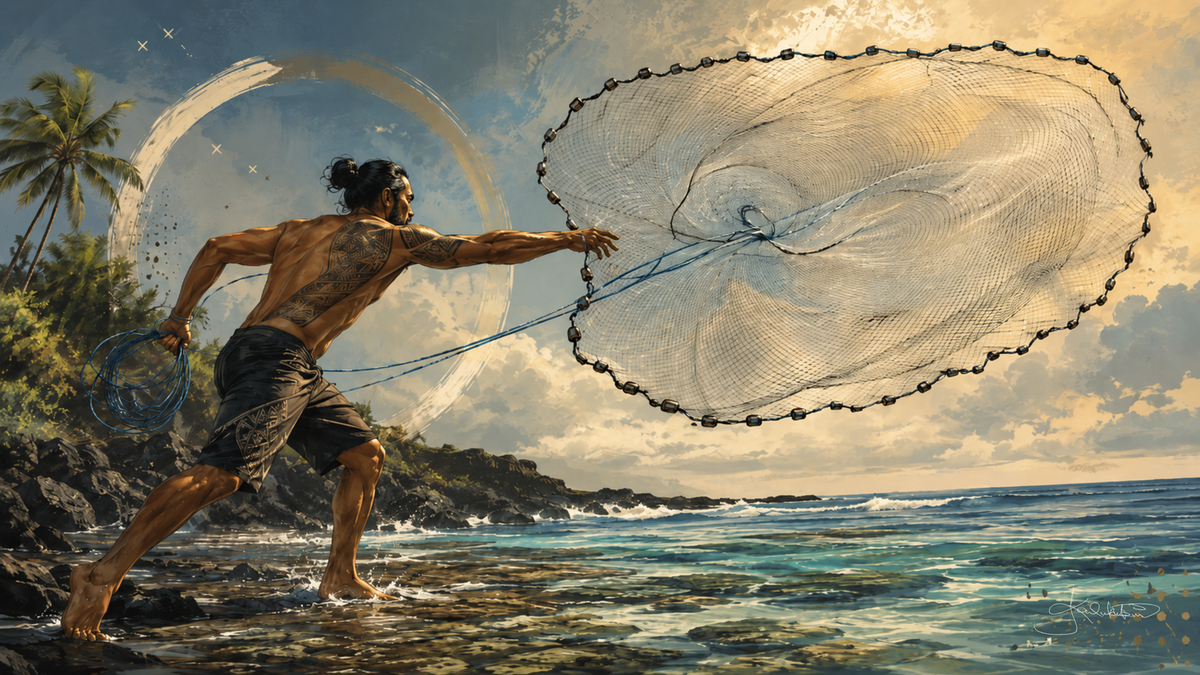 A fisher casting an ʻupena from the shoreline, the throw net opened out full and round in the air above the shallows. Dreamy Hawaiian Culture 4K desktop wallpaper by Dreams On Kanvas