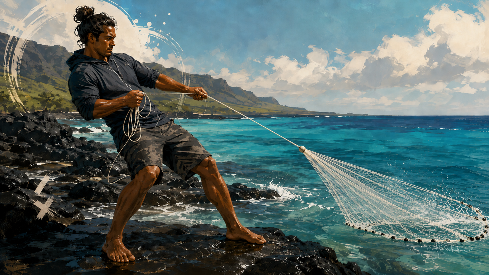 A shore fisher braced on black rock hauling his line in, the net trailing across the turquoise water with the green ridge running down to the sea behind. Dreamy Hawaiian Culture 4K desktop wallpaper by Dreams On Kanvas