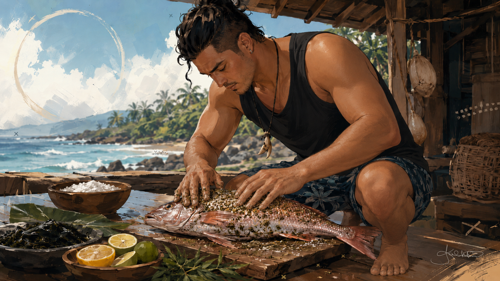 A young man preparing a freshly caught fish on a wooden board, salt, lemon and ti leaves set out beside him and the shore break showing past the posts. Dreamy Hawaiian Culture 4K desktop wallpaper by Dreams On Kanvas