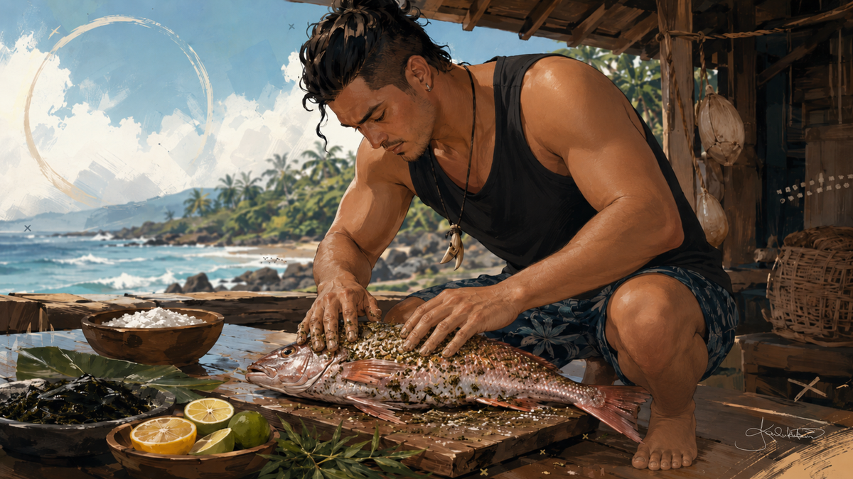 A young man preparing a freshly caught fish on a wooden board, salt, lemon and ti leaves set out beside him and the shore break showing past the posts. Dreamy Hawaiian Culture 4K desktop wallpaper by Dreams On Kanvas