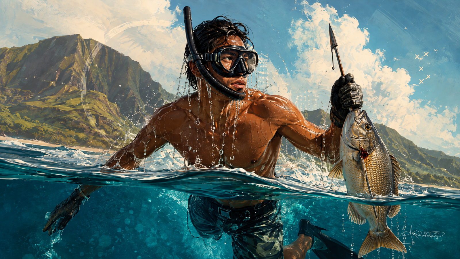 A spearfisher breaking the surface with his mask on and his catch held up on the line, spear over his shoulder and the mountain standing behind. Dreamy Hawaiian Culture 4K desktop wallpaper by Dreams On Kanvas