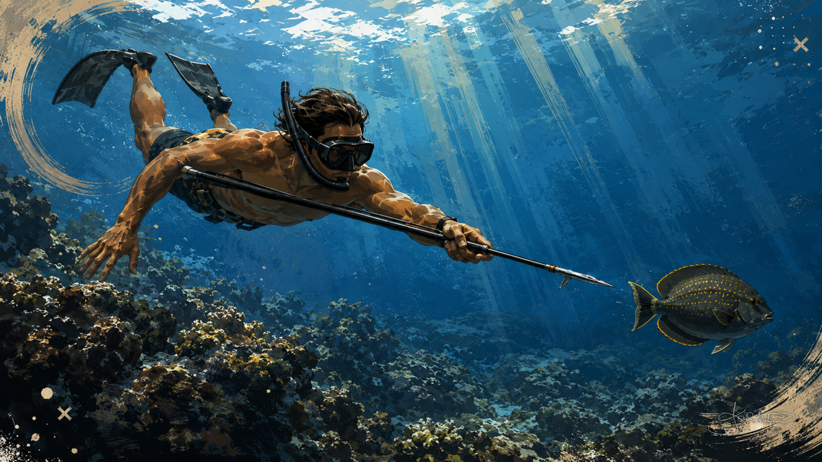 A spearfisher underwater in the moment before the strike, spear extended toward a fish over the reef with the light coming down through the blue. Dreamy Hawaiian Culture 4K desktop wallpaper by Dreams On Kanvas