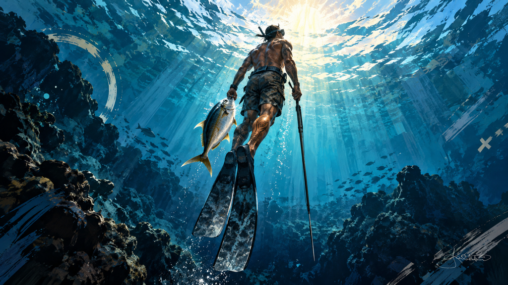 A spearfisher rising toward the surface out of deeper water, his catch and spear with him and the reef falling away below into dark blue. Dreamy Hawaiian Culture 4K desktop wallpaper by Dreams On Kanvas