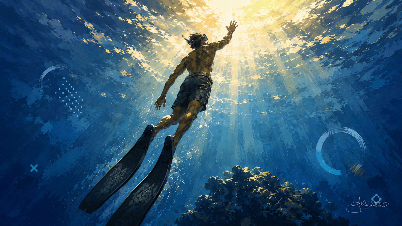 A free diver rising toward the light with his arms open, fins trailing and the reef far below him in the deep blue. Dreamy Hawaiian Culture 4K desktop wallpaper by Dreams On Kanvas