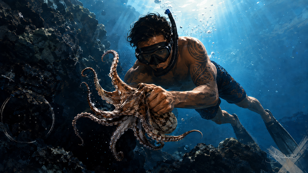 A diver beside a lava reef crevice holding a large heʻe, the octopus wrapped around his hands and arm with the blue water above. Dreamy Hawaiian Culture 4K desktop wallpaper by Dreams On Kanvas
