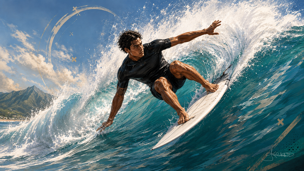 A surfer carving hard off the bottom of a Hawaiian wave, spray coming off the rail with the lip standing up behind him and the coastline in the distance. Dreamy Hawaiian Culture 4K desktop wallpaper by Dreams On Kanvas