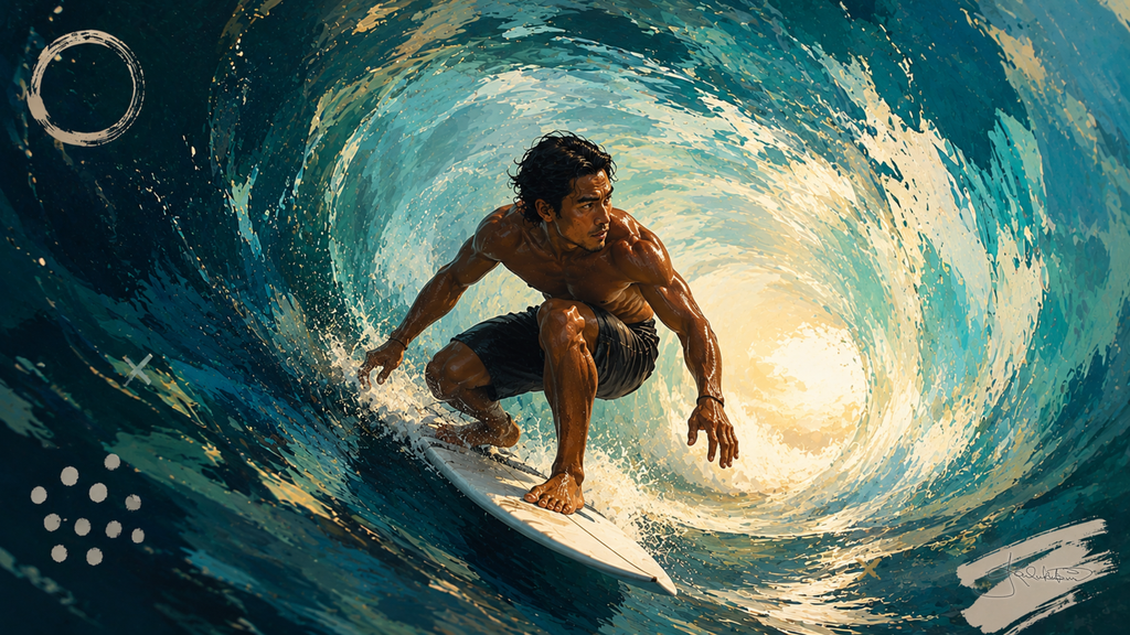 A surfer crouched deep inside the barrel, the wave spinning around him in green and blue with the light open at the end of it. Dreamy Hawaiian Culture 4K desktop wallpaper by Dreams On Kanvas