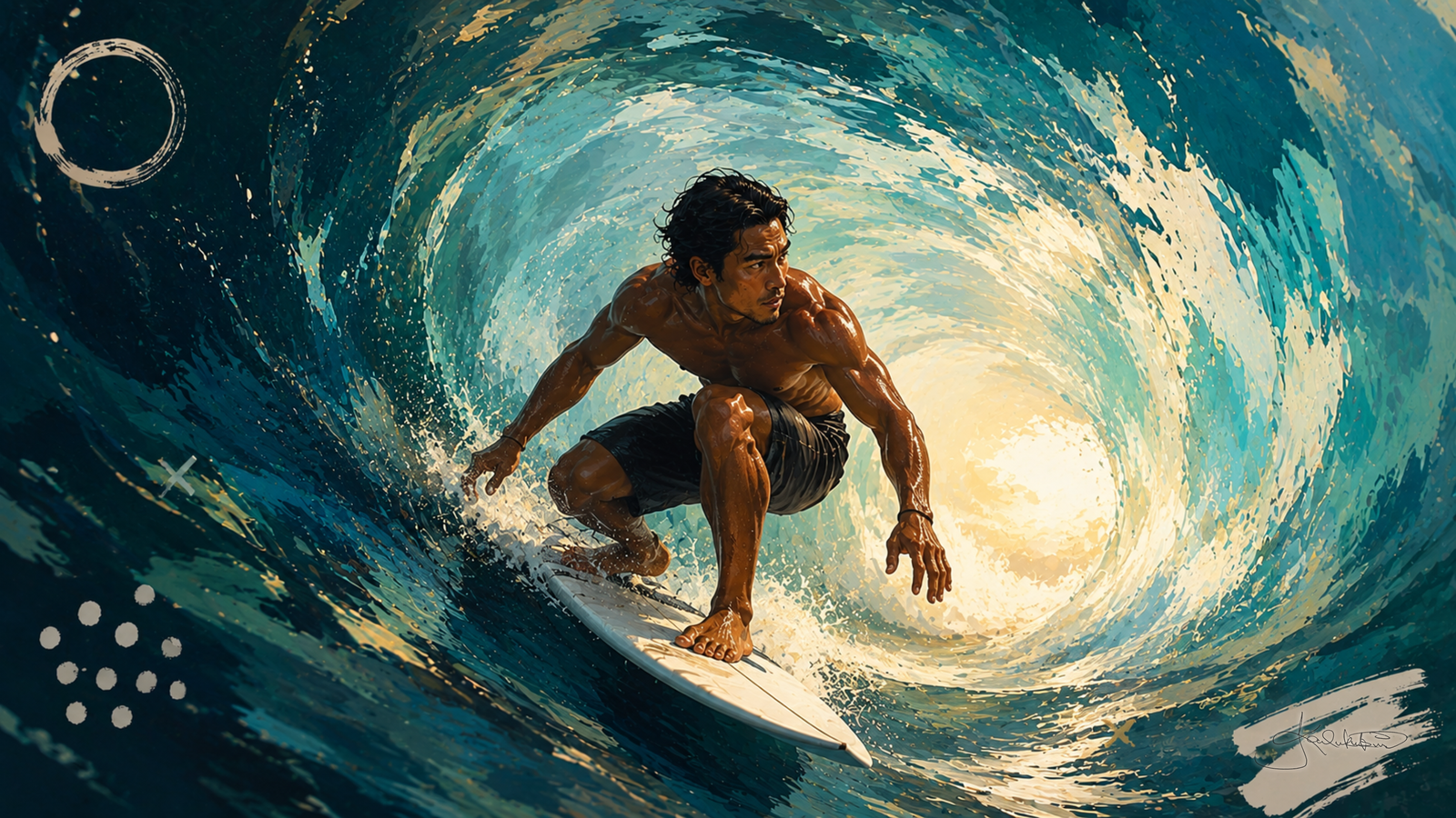 A surfer crouched deep inside the barrel, the wave spinning around him in green and blue with the light open at the end of it. Dreamy Hawaiian Culture 4K desktop wallpaper by Dreams On Kanvas