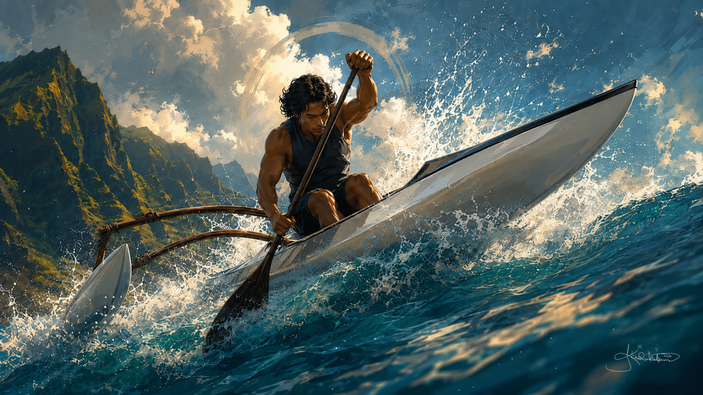 A paddler driving a one-man outrigger canoe through whitewater, the ama lifted out to the side and the cliffs standing behind. Dreamy Hawaiian Culture 4K desktop wallpaper by Dreams On Kanvas