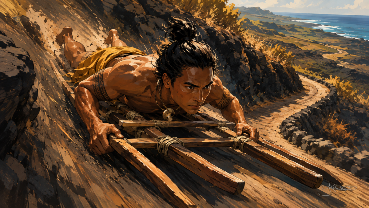 Heʻe hōlua, a rider stretched headfirst on a wooden papa hōlua sled running down the stone track on a dry hillside above the sea. Dreamy Hawaiian Culture 4K desktop wallpaper by Dreams On Kanvas