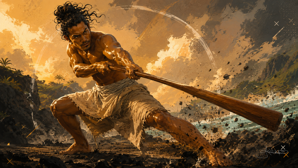 A lua practitioner swinging a lāʻau palau, braced low through the sweep with the cloud and green cliffs lit behind him. Dreamy Hawaiian Culture 4K desktop wallpaper by Dreams On Kanvas