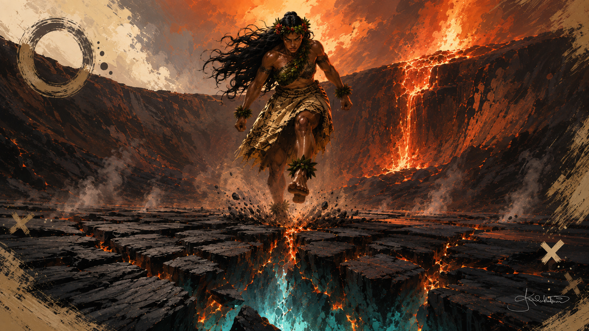 Hiʻiakaikapoliopele at Kīlauea, running across the cracked and glowing crater floor with the lava falling down the wall behind her. Dreamy Hawaiian Culture 4K desktop wallpaper by Dreams On Kanvas