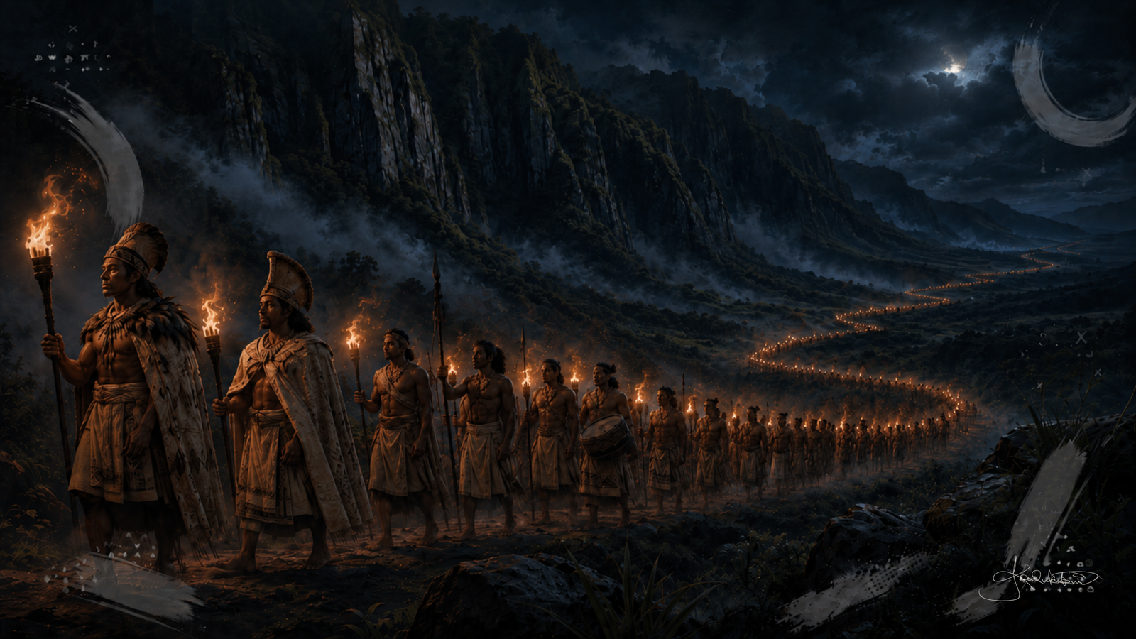 Huakaʻi Pō, the Night Marchers, a torch-lit procession winding along the trail beneath the Nuʻuanu Pali under a dark sky. Dreamy Hawaiian Culture 4K desktop wallpaper by Dreams On Kanvas