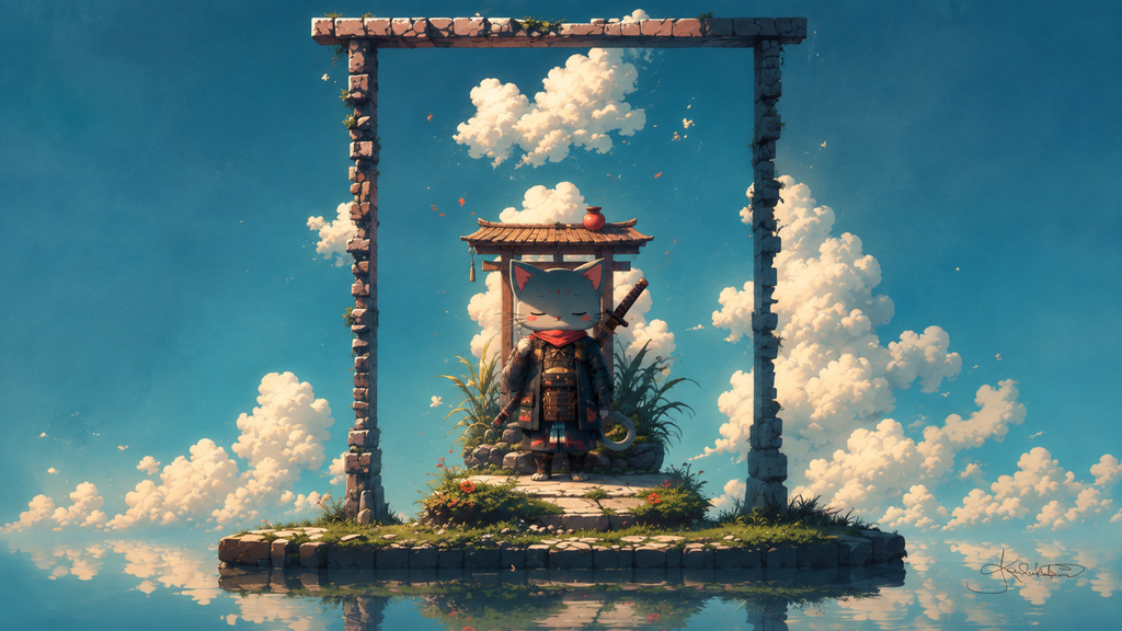 A samurai cat in armour with a sword at its side, standing under a mossy stone gate on a small floating island above the clouds. Dreamy Kitty 4K desktop wallpaper by Dreams On Kanvas