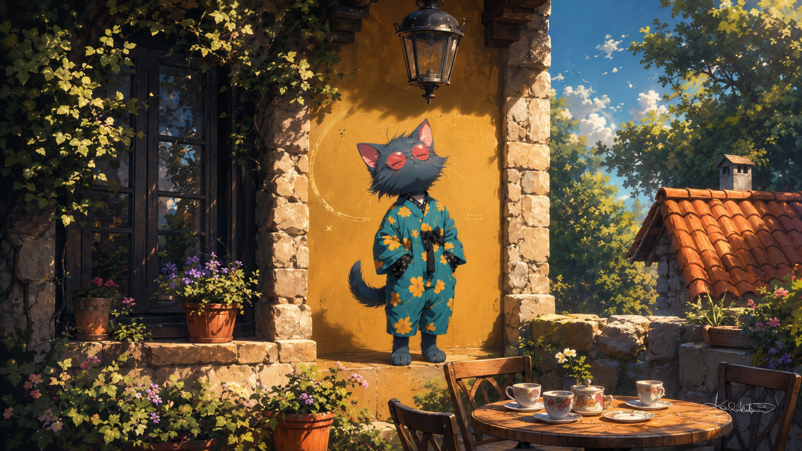 A blue-grey cat in a teal floral kimono and red sunglasses, standing against a sunlit yellow wall outside a stone cottage with a lantern and a table set for tea. Dreamy Kitty 4K desktop wallpaper by Dreams On Kanvas