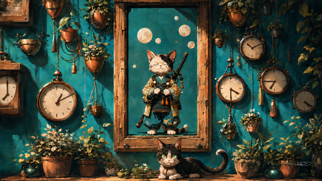 A samurai cat in a green kimono framed on a deep teal wall covered in old clocks and hanging plants, with a real grey and white cat sitting below the frame. Dreamy Kitty 4K desktop wallpaper by Dreams On Kanvas