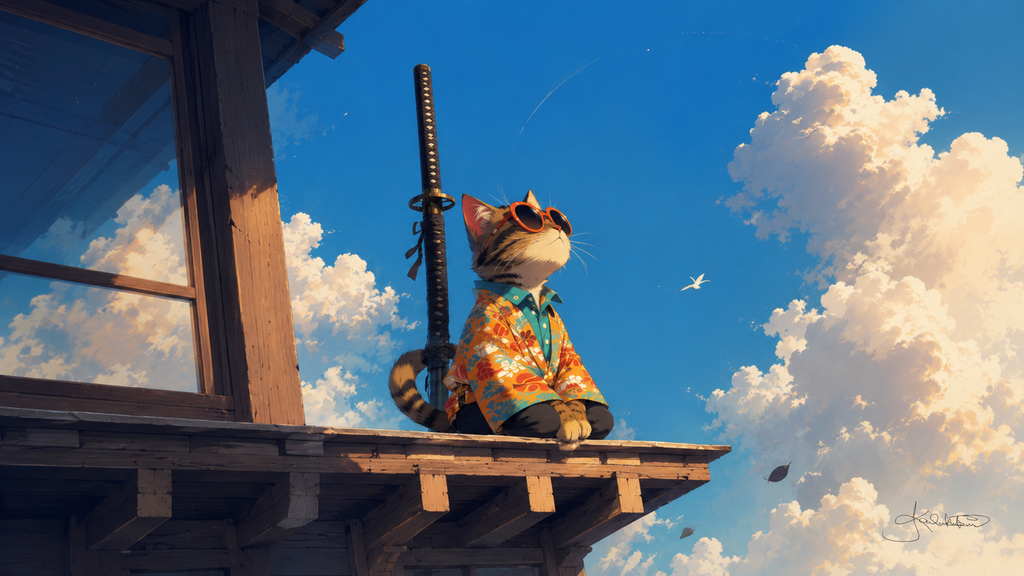 A tabby cat in an orange floral shirt and sunglasses sitting on a wooden roof beam with a katana beside it, looking up into tall summer clouds. Dreamy Kitty 4K desktop wallpaper by Dreams On Kanvas