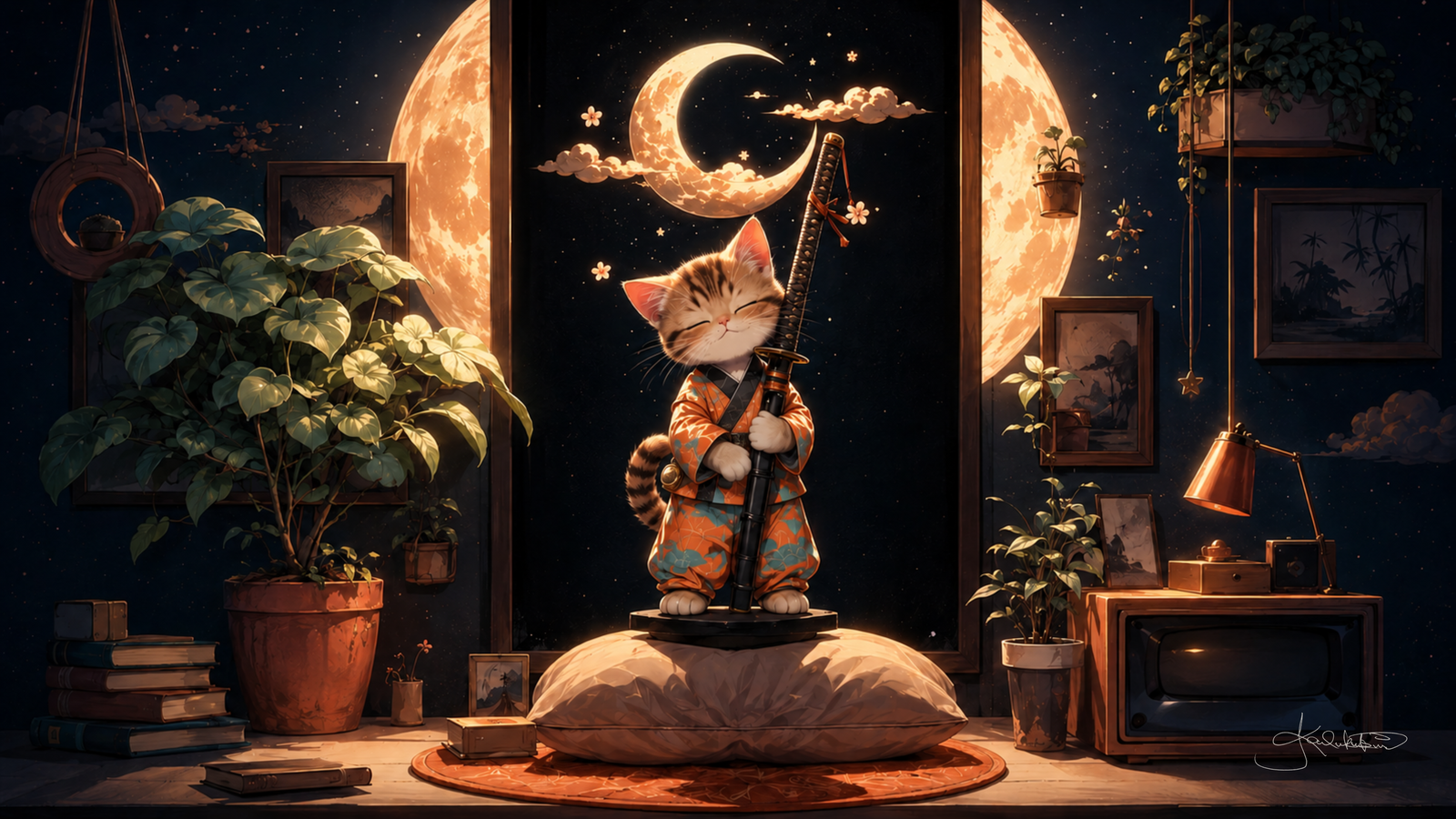 A tabby kitten in an orange kimono holding a sword upright on a cushion, a huge moon and a crescent behind it in a lamplit room of books and plants. Dreamy Kitty 4K desktop wallpaper by Dreams On Kanvas
