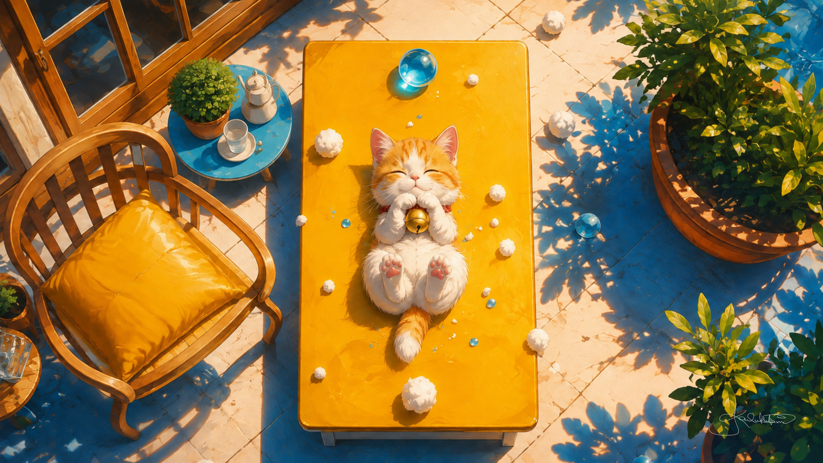 Seen from above, a ginger and white cat lying on its back with a bell on a yellow table, on a sunlit tiled patio with a yellow chair and long blue shadows. Dreamy Kitty 4K desktop wallpaper by Dreams On Kanvas
