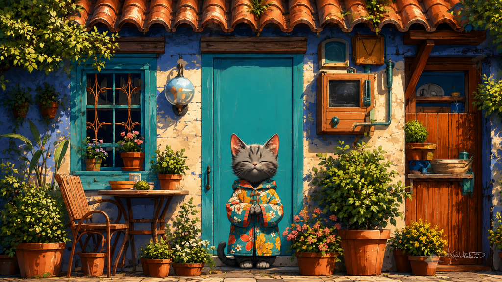 A grey cat in an orange floral kimono standing at the turquoise door of an old house, surrounded by terracotta pots and flowers. Dreamy Kitty 4K desktop wallpaper by Dreams On Kanvas
