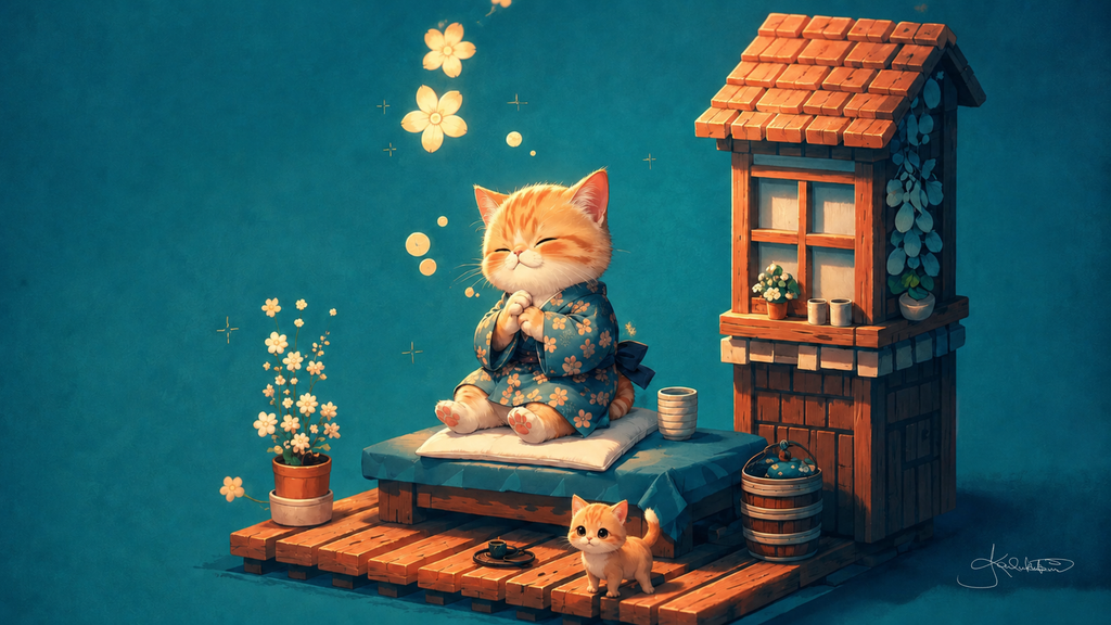 A ginger kitten in a blue floral kimono sitting on a wooden deck beside a small house, glowing blossoms drifting up and a tiny kitten watching from below. Dreamy Kitty 4K desktop wallpaper by Dreams On Kanvas