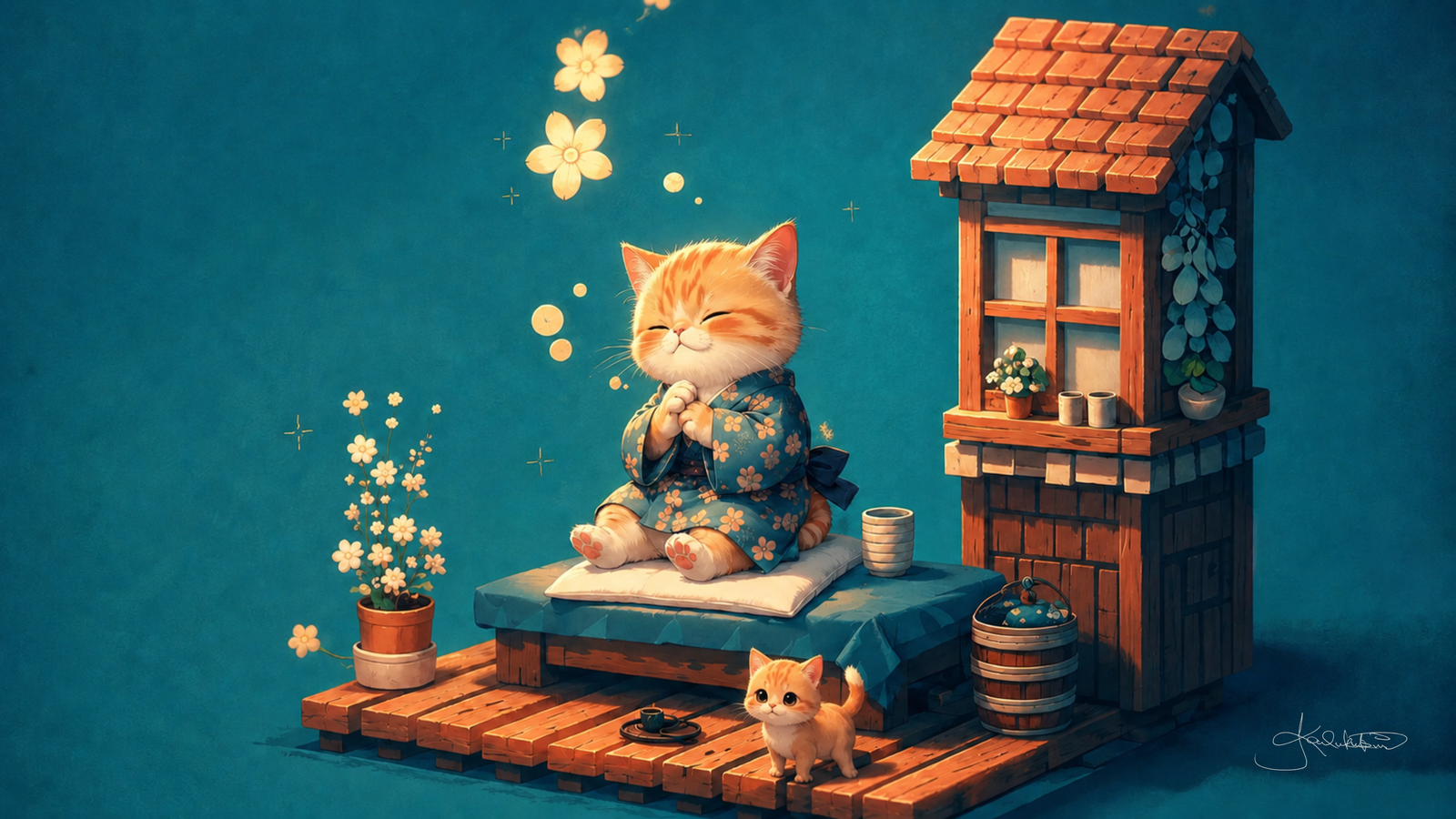 A ginger kitten in a blue floral kimono sitting on a wooden deck beside a small house, glowing blossoms drifting up and a tiny kitten watching from below. Dreamy Kitty 4K desktop wallpaper by Dreams On Kanvas