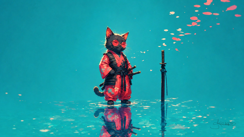 A black cat in red armour and kimono standing on still turquoise water, a katana planted beside it and pink petals drifting past. Dreamy Kitty 4K desktop wallpaper by Dreams On Kanvas