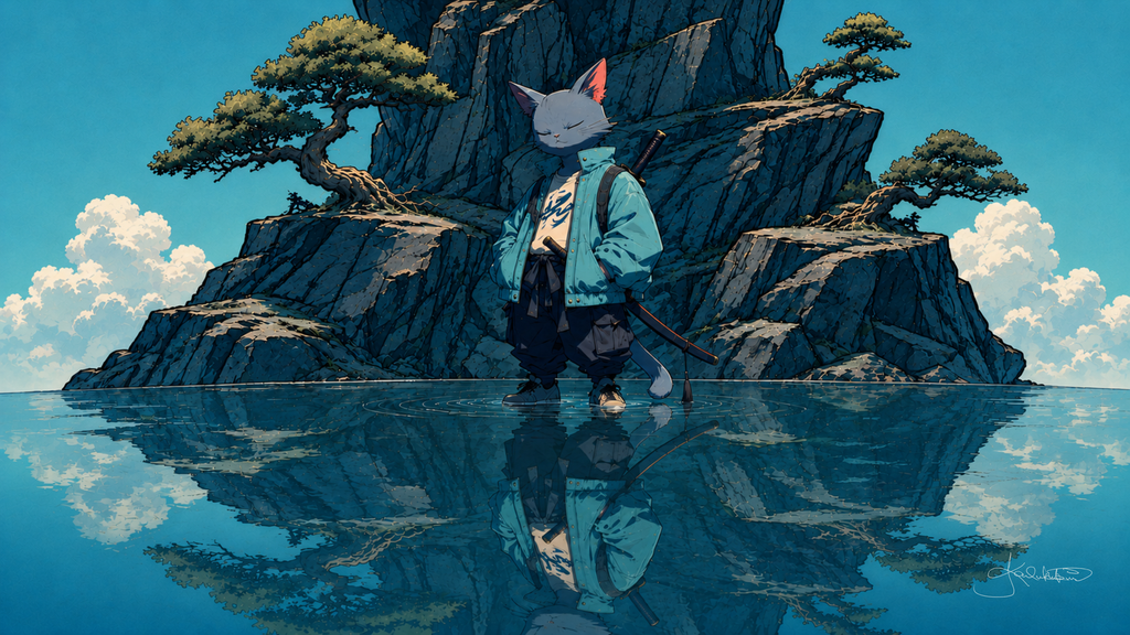 A white cat in a pale blue jacket with a sword on its back, standing on mirror-still water before a rocky island of bonsai pines. Dreamy Kitty 4K desktop wallpaper by Dreams On Kanvas