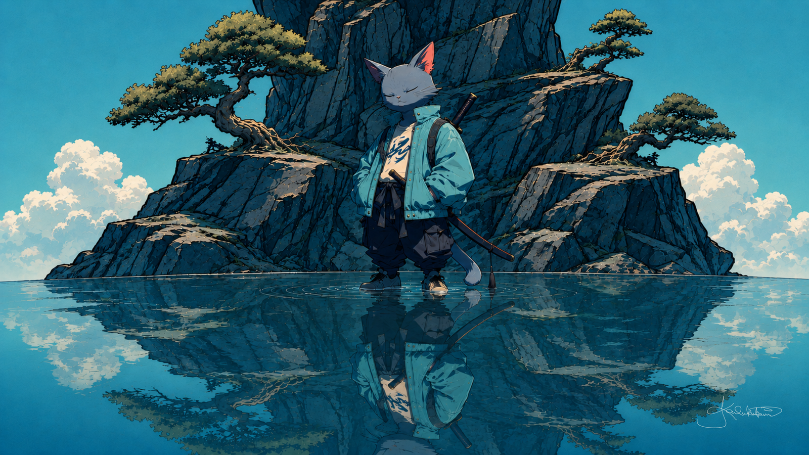 A white cat in a pale blue jacket with a sword on its back, standing on mirror-still water before a rocky island of bonsai pines. Dreamy Kitty 4K desktop wallpaper by Dreams On Kanvas