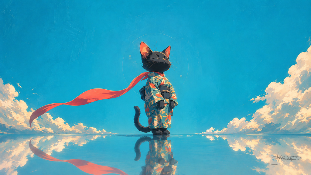 A black cat in a floral kimono with a long red scarf streaming behind it, standing on still water under a wide blue sky. Dreamy Kitty 4K desktop wallpaper by Dreams On Kanvas