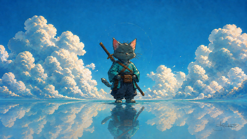 A grey cat in a blue-green kimono with a katana on its back, standing small on still water under towering white clouds. Dreamy Kitty 4K desktop wallpaper by Dreams On Kanvas