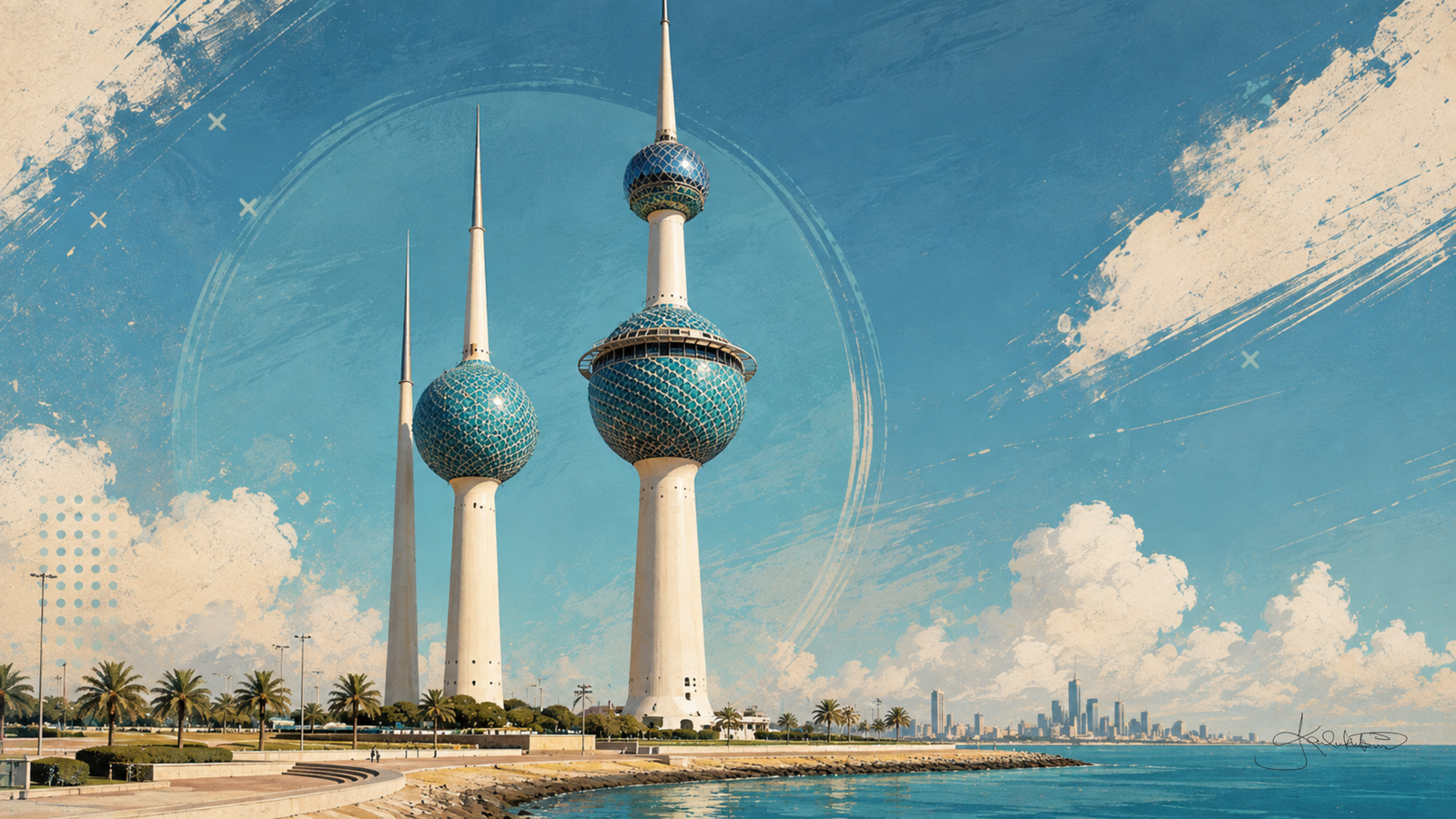 Kuwait Towers, the three spires with their blue-green tiled spheres against a bright sky, palms and the Gulf below and the city skyline on the far shore. Dreamy Kuwait 4K desktop wallpaper by Dreams On Kanvas