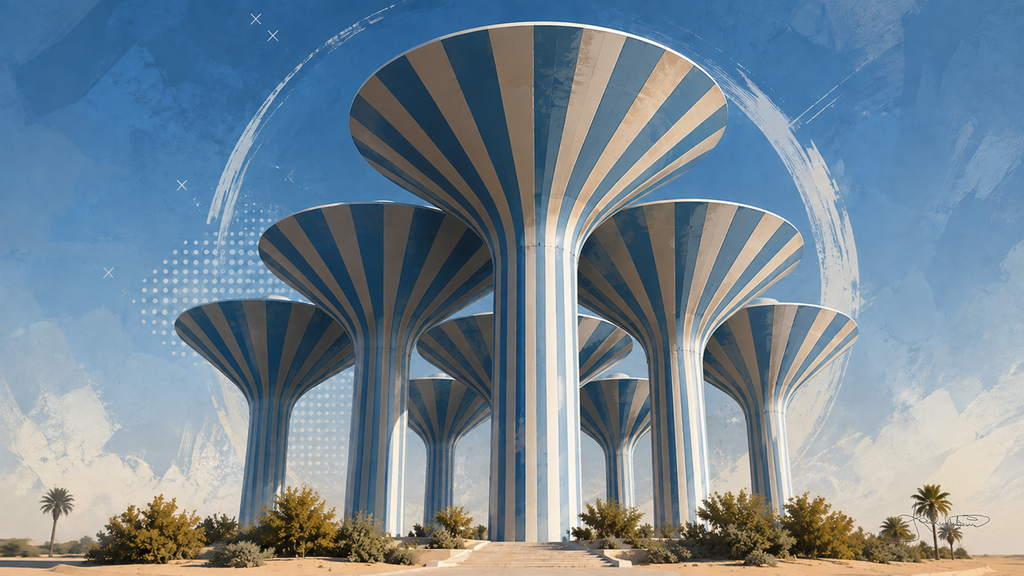 The Kuwait Water Towers, a cluster of blue and white striped mushroom-shaped towers standing over desert scrub and palms under a deep blue sky. Dreamy Kuwait 4K desktop wallpaper by Dreams On Kanvas