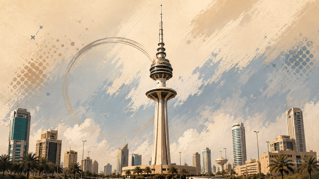 Liberation Tower in Kuwait City, its banded needle rising above the surrounding towers and palms under a pale gold sky. Dreamy Kuwait 4K desktop wallpaper by Dreams On Kanvas