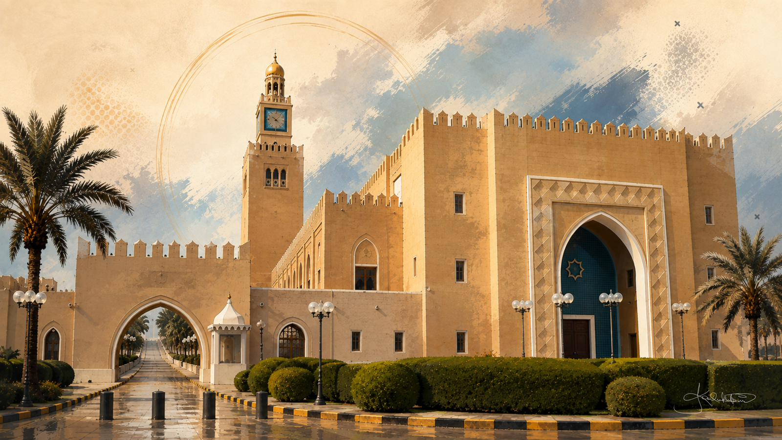 Seif Palace in Kuwait City, sand-coloured walls and a blue tiled gateway with the gold clock tower behind, palms and clipped hedges along the front. Dreamy Kuwait 4K desktop wallpaper by Dreams On Kanvas