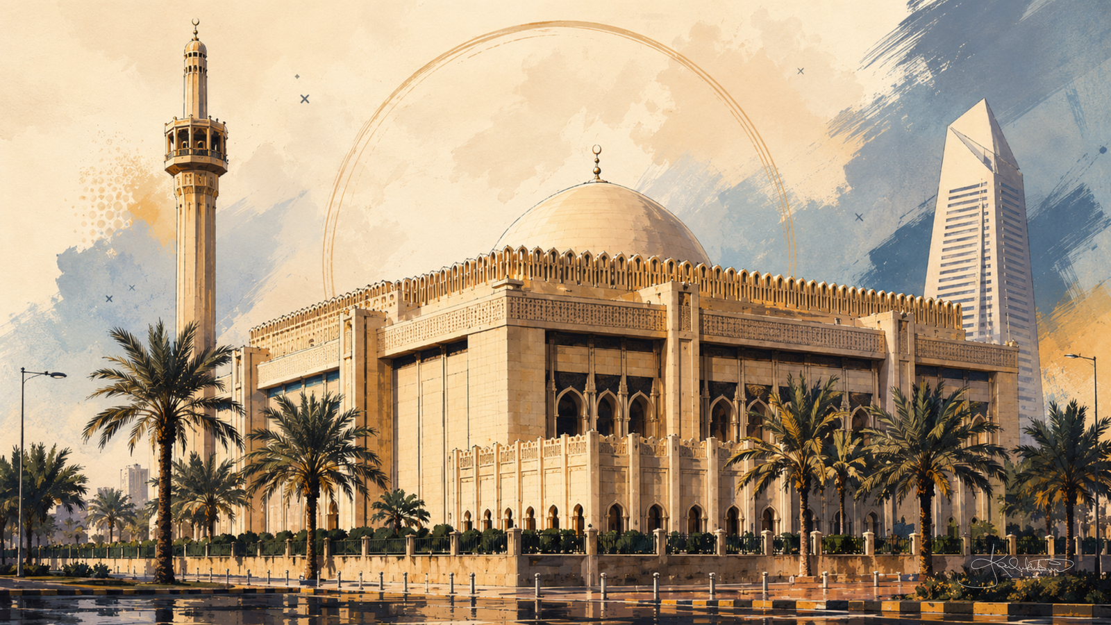 The Grand Mosque in Kuwait, its arched sand-coloured facade and ribbed dome with the minaret beside it and a row of palms across the front. Dreamy Kuwait 4K desktop wallpaper by Dreams On Kanvas