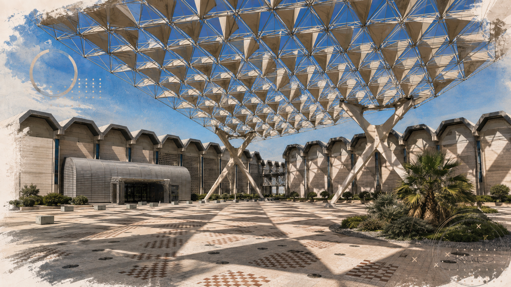 Kuwait National Museum, the white triangular space-frame canopy throwing patterned shade across the empty courtyard. Dreamy Kuwait 4K desktop wallpaper by Dreams On Kanvas